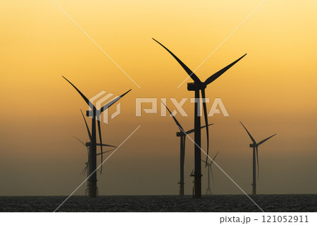 Sunset view of the Offshore wind power systems off the western coast of Taiwan. 121052911