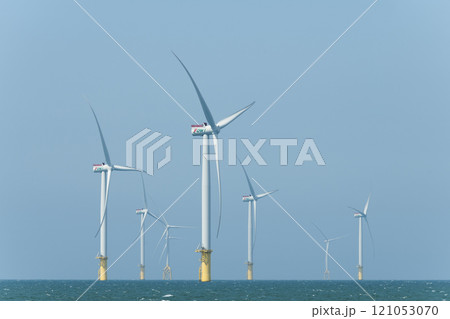 View of the Offshore wind power systems off the western coast of Taiwan. 121053070
