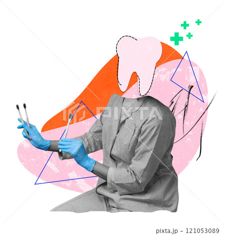Dentist in gloves holding toothbrushes, surrounded by abstract shapes and tooth graphic, representing modern dental care. Contemporary art collage. 121053089