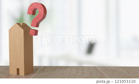 The wood  house and question mark for property concept 3d rendering. 121053110