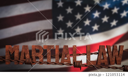The Martial law and barbed wire on USA flag for Background concept 3d rendering. The Martial law and barbed wire on USA flag for Background concept 3d rendering. 121053114
