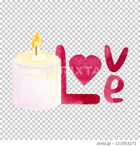 White burning candle with hand written red word love becide it watercolor illustration isolated on white. Perfect for St Valentine cards, romantic invitations, stickers, stationary decor, packages. White burning candle with hand written red word love becide it watercolor illustration isolated on white. Perfect for St Valentine cards, romantic invitations, stickers, stationary decor, packages. 121053271