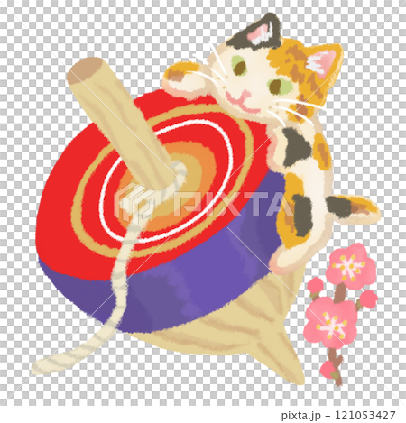 Illustration of a calico cat playing on a New Year's lucky top 121053427