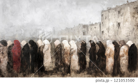 Women mourning in war torn city painting 121053500
