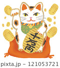 千万両の小判を持った幸運の白い招き猫と舞い落ちる小判 121053721