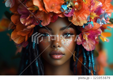 African woman with bright make up 121053879