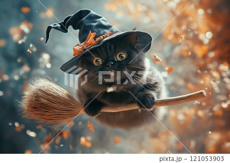 witch cat on broom 121053903