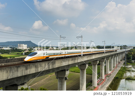 Overlooking view of the Taiwan High Speed Rail trains passing the Waipu of Taichung in Taiwan, It is the only high-speed railway in Taiwan. 121053919
