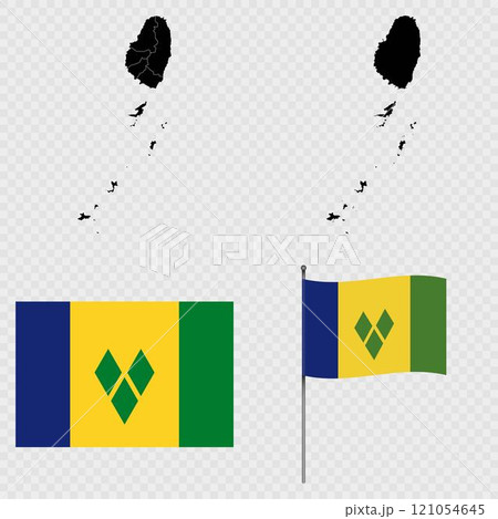 Set of maps, flag and flagpole of Saint Vincent and the Grenadines. Vector illustration. 121054645