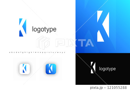 Minimalist monogram letter K logo with angular cutout style and negative space effect, logo kit template with alphabet. Vector illustration Minimalist monogram letter K logo with angular cutout style and negative space effect, logo kit template with alphabet. Vector illustration 121055288