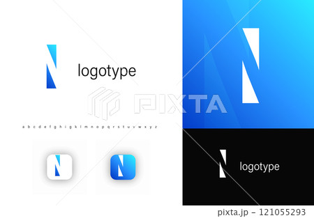 Minimalist monogram letter N logo with angular cutout style and negative space effect, logo kit template with alphabet. Vector illustration 121055293