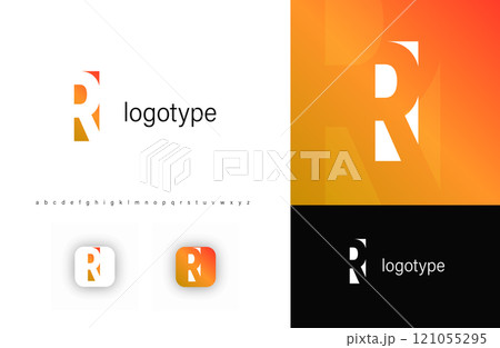 Minimalist monogram letter R logo with angular cutout style and negative space effect, logo kit template with alphabet. Vector illustration Minimalist monogram letter R logo with angular cutout style and negative space effect, logo kit template with alphabet. Vector illustration 121055295