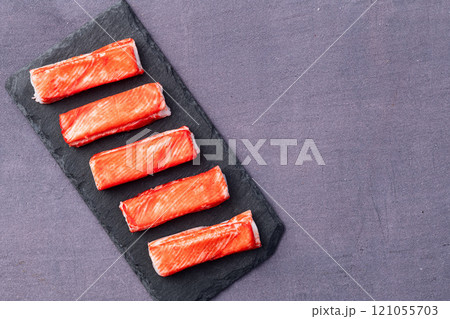 Crab sticks from fish surimi photography . Top view Crab sticks from fish surimi photography . Top view 121055703