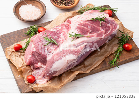 Neck of raw pork meat . Top view Neck of raw pork meat . Top view 121055838