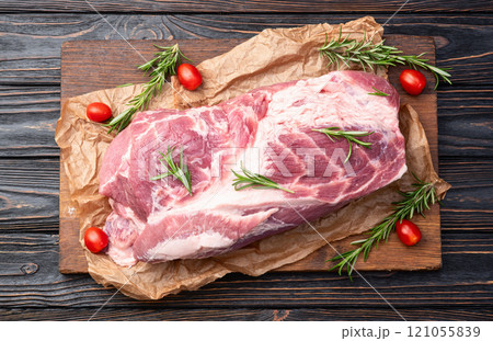 Neck of raw pork meat . Top view 121055839