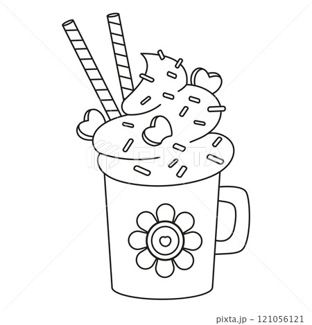 Outline Sweet Cream Dessert Mug. Christmas cup Hot Cocoa with Marshmallows heart, striped candy. Line drawing, coloring book. Vector illustration. Kids collection. 121056121
