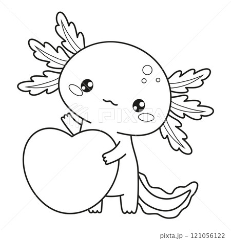 Outline Romantic Axolotl with heart. Little festive cartoon kawaii character. Line drawing, coloring book. Vector illustration. Kids collection. Holiday cool valentine animal. 121056122