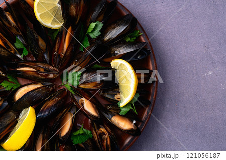 Mussels with parsley on a plate photography 121056187