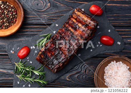 Grilled Pork ribs barbecue photography . Top view Grilled Pork ribs barbecue photography . Top view 121056222