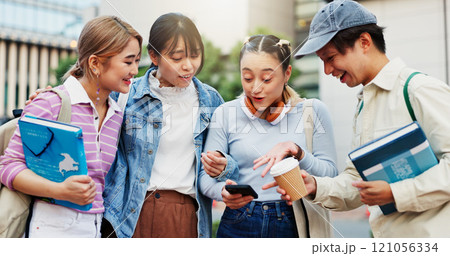 Students, friends and laughing with phone on campus for social media meme, streaming funny video or online news. Japanese university, people or smartphone for internet gossip, learning break or relax Students, friends and laughing with phone on campus for social media meme, streaming funny video or online news. Japanese university, people or smartphone for internet gossip, learning break or relax 121056334