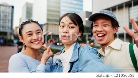 Group, people and selfie with portrait in city of photography, social media post and travel abroad. Friends, commute and profile picture update with tourism memory, reunion and bonding in urban Japan 121056359