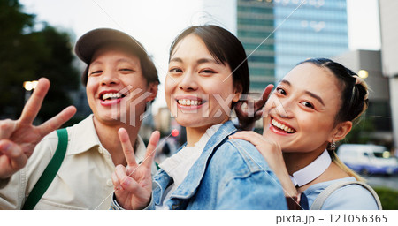 People, peace sign and selfie with portrait in city for photography, social media post and travel abroad. Friends, commute and profile picture update with tourism memory, reunion and bonding in Japan People, peace sign and selfie with portrait in city for photography, social media post and travel abroad. Friends, commute and profile picture update with tourism memory, reunion and bonding in Japan 121056365