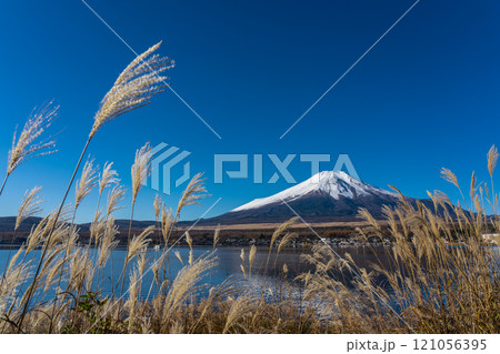 紅葉と冠雪した秋の富士山 山中湖側 紅葉と冠雪した秋の富士山 山中湖側 121056395