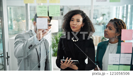 Teamwork, meeting and business people on tablet in office for schedule, brainstorming and problem solving. Sticky notes, corporate and workers on digital tech for planning, research and collaboration 121056506