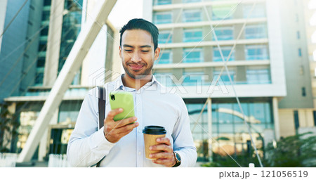 Happy man, phone and browsing with coffee in city for online chatting, texting or app. Businessman, employee or traveler with smile on mobile smartphone for social media, communication or network 121056519