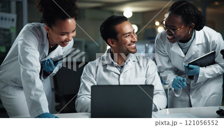 Man, team and happy scientist with laptop at laboratory for results, progress and medical research. People, group and excited with diversity at night for drugs, vaccine or good news for pharma career 121056552