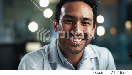 Man, scientist and portrait with happy, vaccine work and professional with confidence from research. Smile, laboratory and science opportunity with Asian male employee and pharmaceutical job Man, scientist and portrait with happy, vaccine work and professional with confidence from research. Smile, laboratory and science opportunity with Asian male employee and pharmaceutical job 121056556