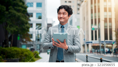 Japanese man, city street and tablet for location search, direction and navigation with happiness. Male person, technology and smile on sidewalk for commute, travel and walk as real estate developer 121056655