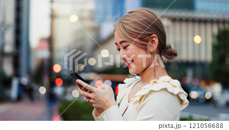 Smile, phone and Japanese woman on street location, road or holiday adventure journey in Tokyo. Search, sidewalk and happy female tourist in city with mobile app for travel trip, navigation or map Smile, phone and Japanese woman on street location, road or holiday adventure journey in Tokyo. Search, sidewalk and happy female tourist in city with mobile app for travel trip, navigation or map 121056688
