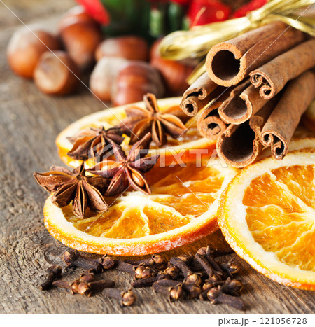 Christmas background, traditional caramelized orange slices Christmas background, traditional caramelized orange slices 121056728