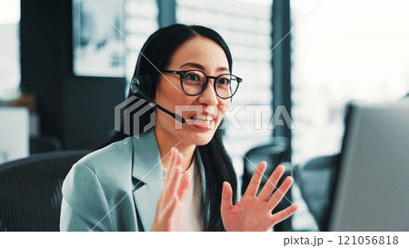 Consultant, talking or Japanese woman in call center for consulting and loan advice on computer. Explain, virtual assistant or agent with customer service for telemarketing or sales communication 121056818
