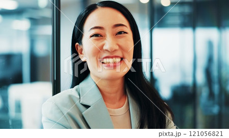 Portrait, business and woman in office, finance and smile with happiness, career ambition and consultant. Japanese person, economy analyst and investment banker with corporate professional or success 121056821