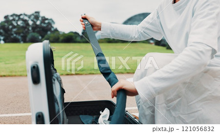 Bag, person or hands of archer with bow for training, field or preparing for competition, equipment or game. Achery, athlete and practice in tournament with skills, challenge and sports in Japan 121056832