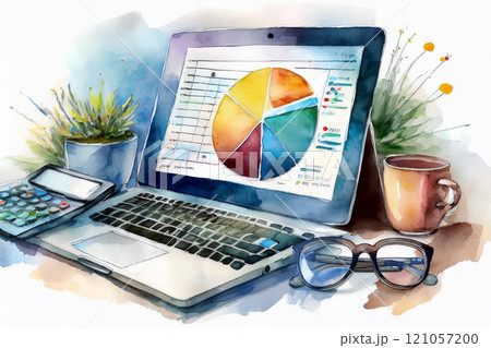 オフィス風景と資料・データのイメージ（ビジネスシーン、IR、投資） 121057200