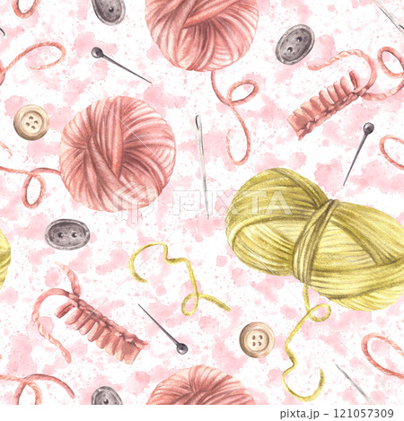 Ball of yarn, skein of knitting thread seamless pattern with buttons and sewing needles. Pink, yellow green coloured fabric design on watercolor spotted background. Hand drawn illustration isolated 121057309