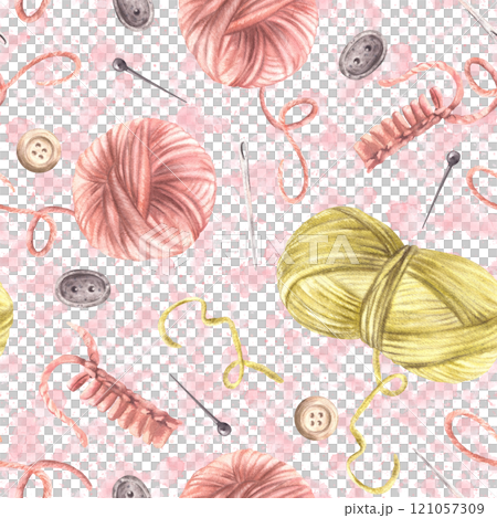 Ball of yarn, skein of knitting thread seamless pattern with buttons and sewing needles. Pink, yellow green coloured fabric design on watercolor spotted background. Hand drawn illustration isolated 121057309