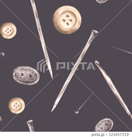Buttons, knitting needles, hooks, sewing pins seamless pattern. Needlework, handicrafts and sewing set beige, grey pastel coloured. Watercolor fabric, hand drawn illustration isolated dark background Buttons, knitting needles, hooks, sewing pins seamless pattern. Needlework, handicrafts and sewing set beige, grey pastel coloured. Watercolor fabric, hand drawn illustration isolated dark background 121057319