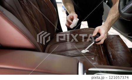 Full dry cleaning inside the car. Dry cleaning, Professional service. Car dealership dry cleaning. Full dry cleaning inside the car. Dry cleaning, Professional service. Car dealership dry cleaning. 121057374