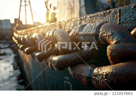Chain against a metal surface at a harbor 121057663