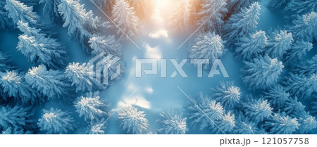 Winter landscape. Christmas trees in the forest covered with snow, top view, filmed by drone Winter landscape. Christmas trees in the forest covered with snow, top view, filmed by drone 121057758