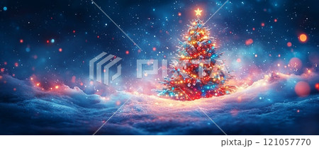 New Year and Christmas landscape with a green fir tree on a dark blue background with bokeh 121057770