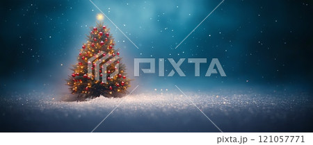 New Year and Christmas landscape with a green fir tree on a dark blue background with bokeh New Year and Christmas landscape with a green fir tree on a dark blue background with bokeh 121057771