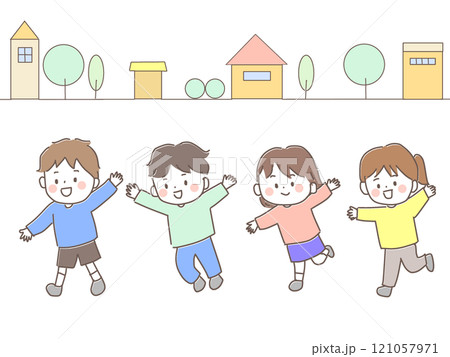 街並みを背に走る子供隊 街並みを背に走る子供隊 121057971