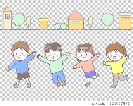 街並みを背に走る子供隊 街並みを背に走る子供隊 121057971