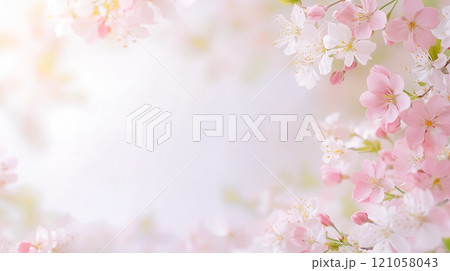 春爛漫、淡いピンクの桜の花が咲き誇る風景 121058043