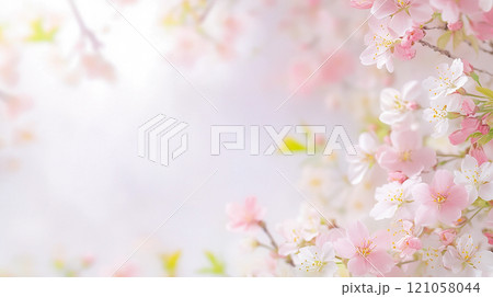 春爛漫、淡いピンクの桜の花が咲き誇る風景 121058044